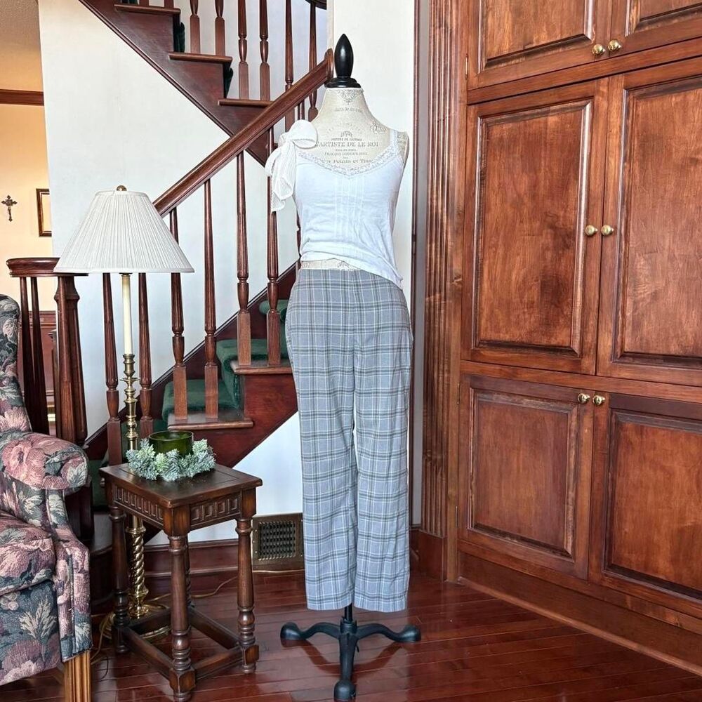 Nine West Plaid Print Straight Leg Stretchy Skinny Grey and White Trouser Pants